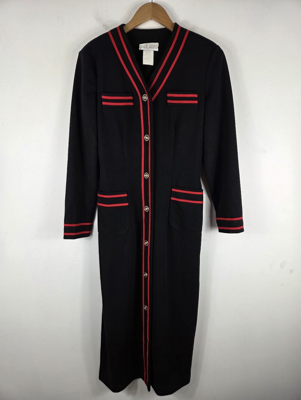 Leslie Lucks Vintage 90s Button Front Knit Pencil Midi Sheath Military Dress